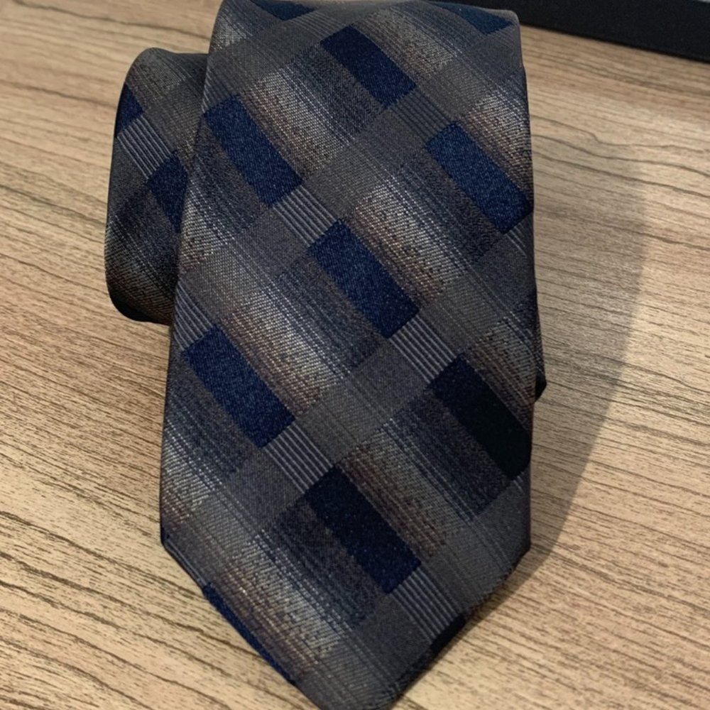 HARRY ROSEN Blue Grey Brown Check Plaid Silk Neck Tie